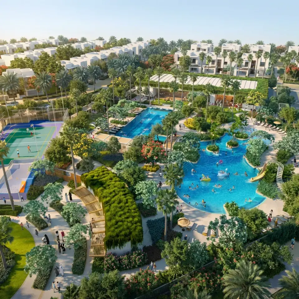 Aerial artist impression of landscaped gardens, pools and homes at Riveria Garden