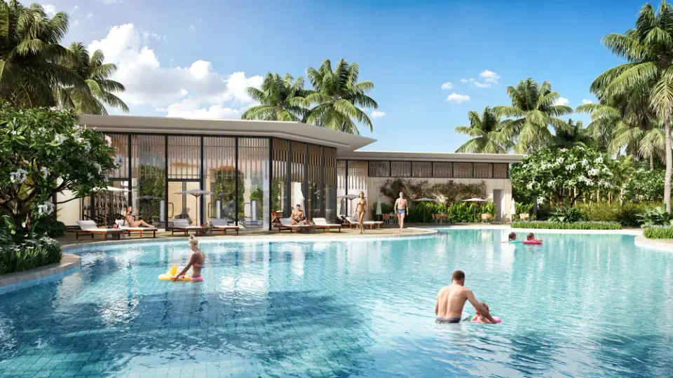 Artist impression of a resort-style swimming pool and clubhouse