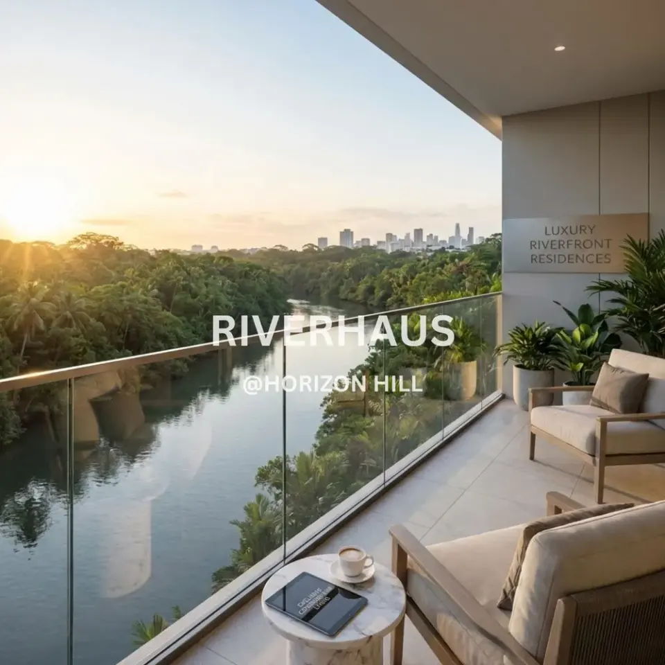 Riverhaus condominium artist impression — balcony view over a river and greenery